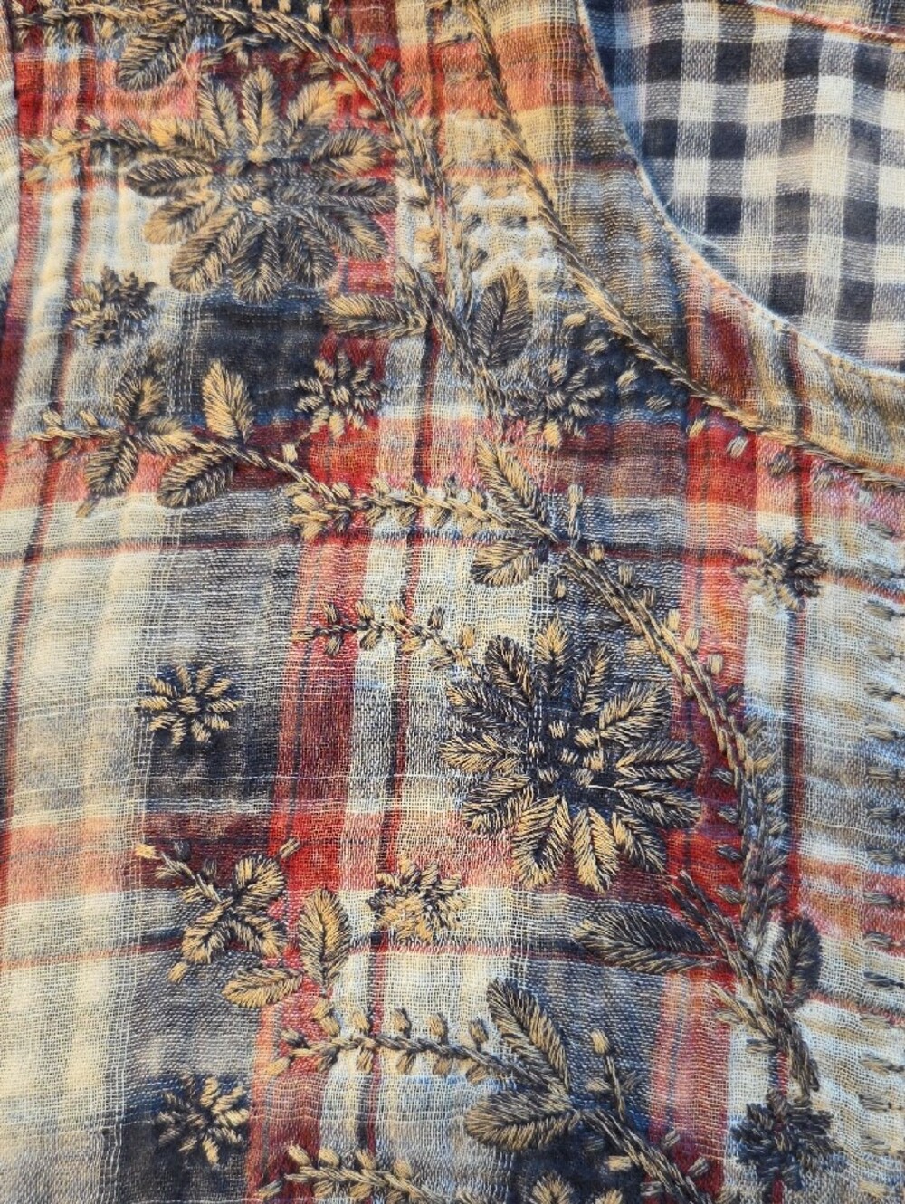 Artisan De Luxe Double Layer Embroidered Plaid Boho Blouse Size L Very Good Cond - Picture 8 of 8